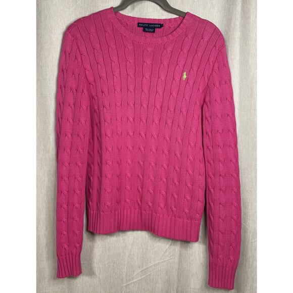 Ralph Lauren Pink 100% Cotton Cable Knit Crew Neck Sweater Neon Green Pony/Small - Picture 1 of 5